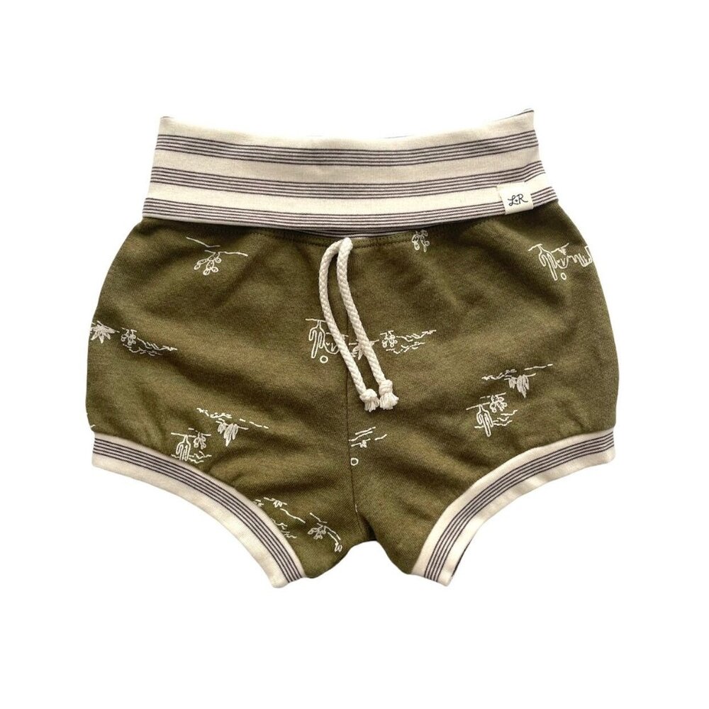 Olive Green Kids Retro Stripe Waistband Shorts